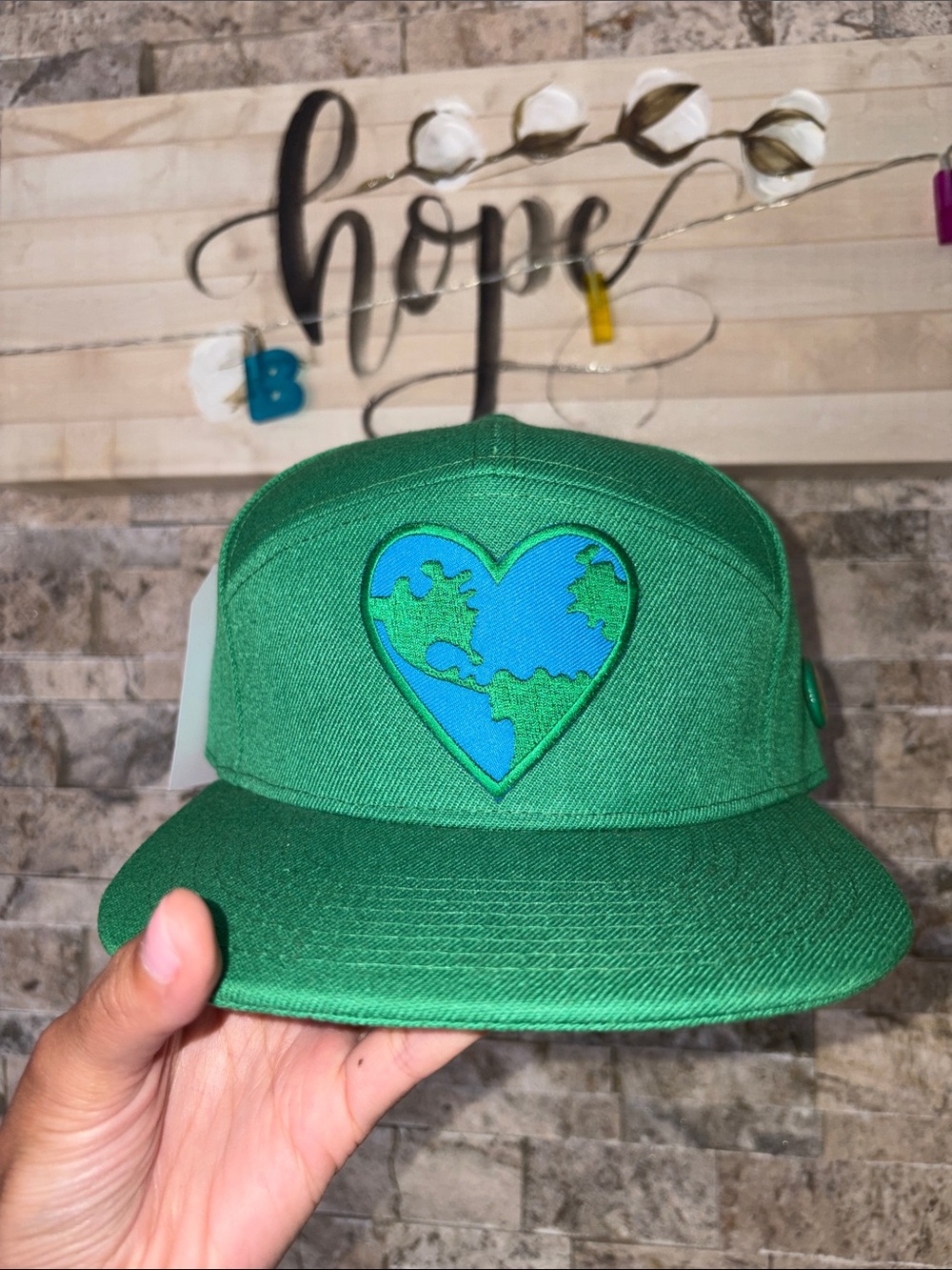 Green Kids Snapback Hat with Heart Globe 🌎 Patch